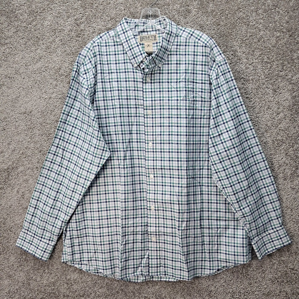 Duluth Trading Co Mens XL Blue Green Plaid Button Down Cotton Shirt